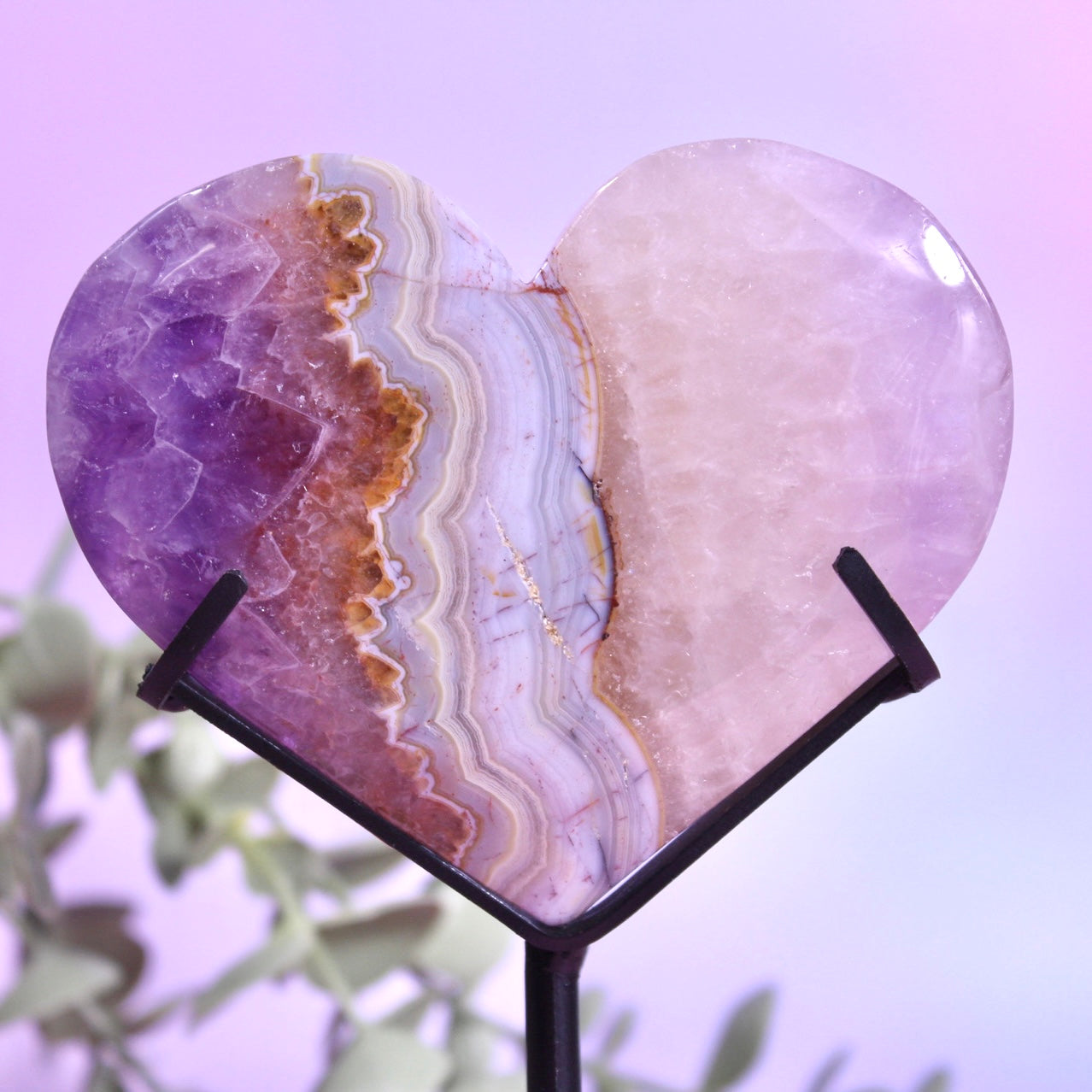 Amethyst x Mexican agate heart on custom black stand