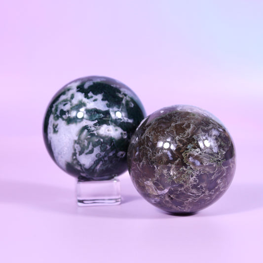 Moss agate spheres