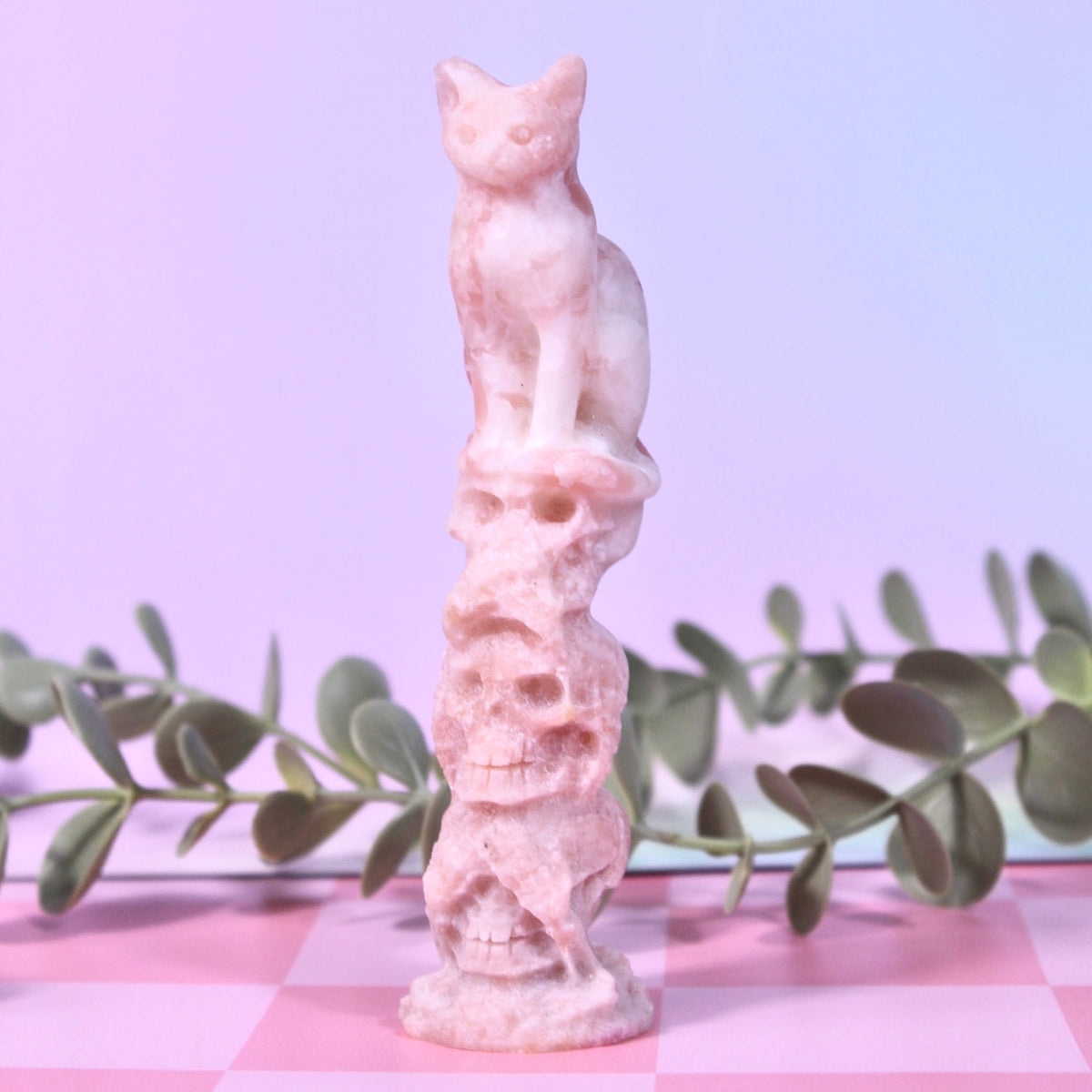 Pink opal cat & skull speak no evil, hear no evil, see no evil carving