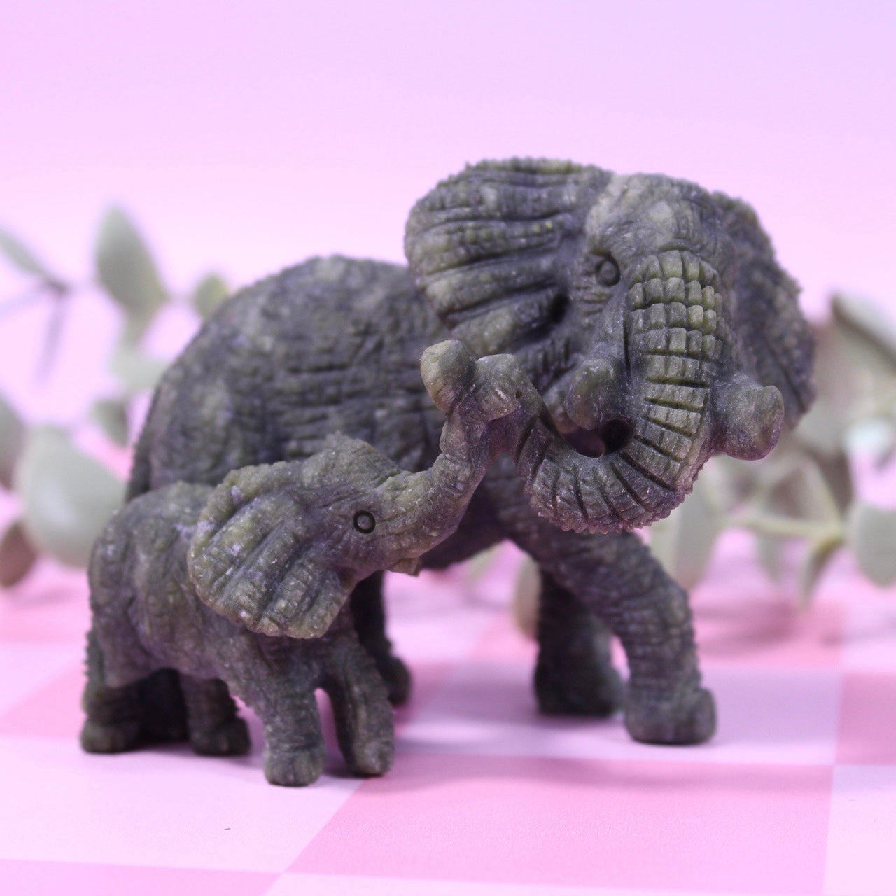 Hand carved green jade elephant & baby elephant set