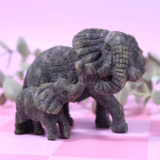 Hand carved green jade elephant & baby elephant set