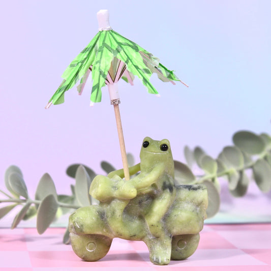 Green jade frog on motorbike