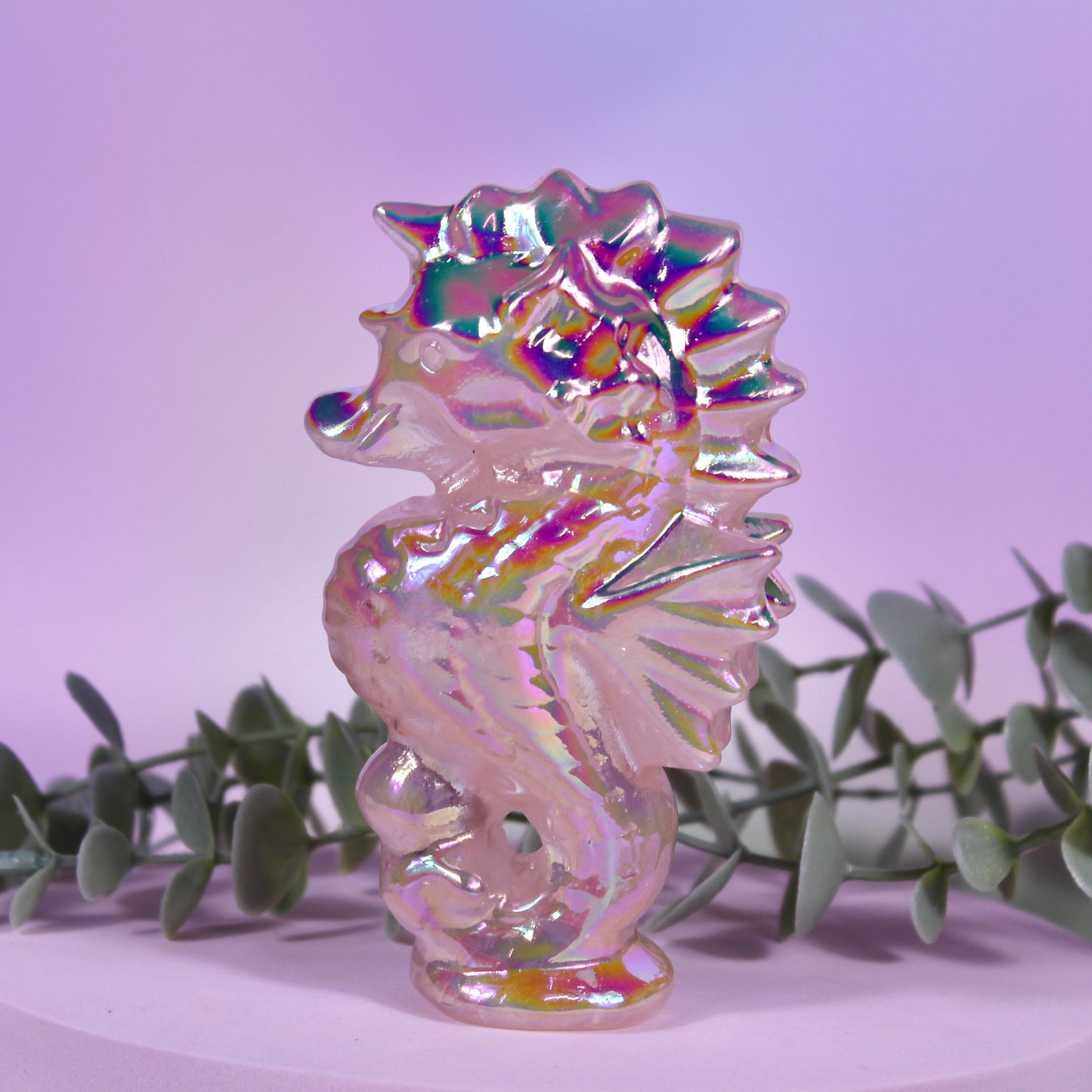 Aura coated rose quartz seahorse