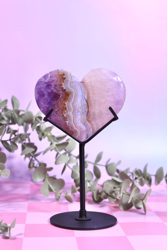 Amethyst x Mexican agate heart on custom black stand