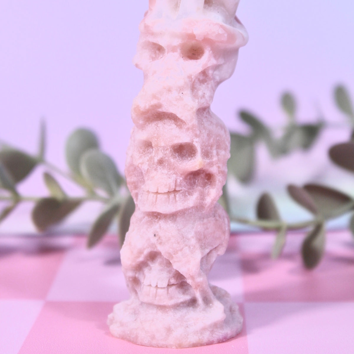Pink opal cat & skull speak no evil, hear no evil, see no evil carving