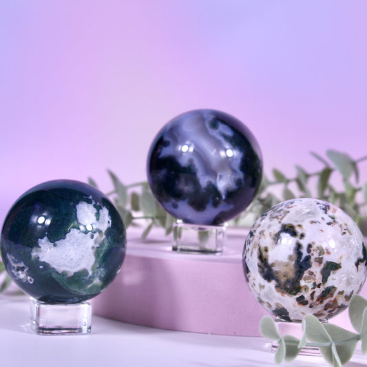 Moss agate spheres